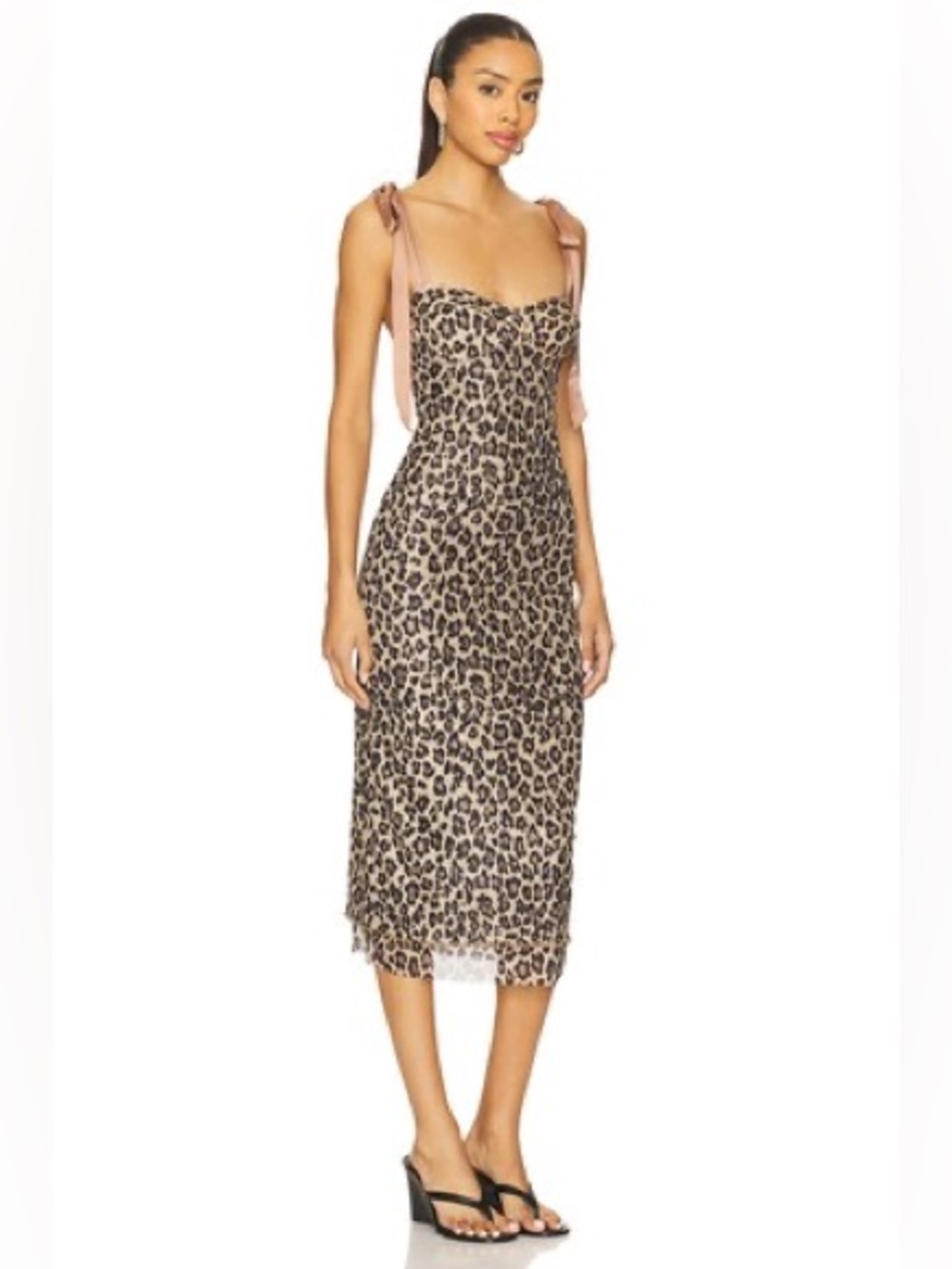 Free People Leopard-Print Midi Dress in Beige and Black with Tie Straps - Picture 3 of 5
